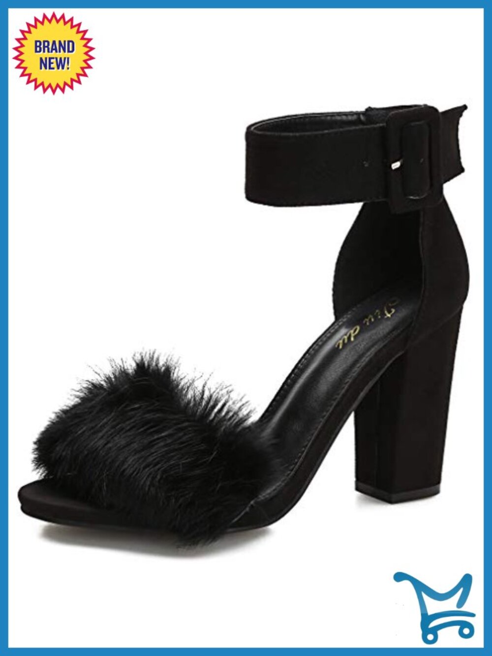 Chunky Faux Fur Heeled Sandals - Open Toe Ankle Strap Block Heels for Party Prom